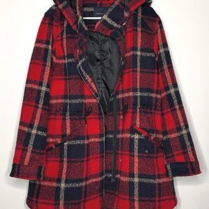 American Eagle Red and Black Plaid Hooded Coat